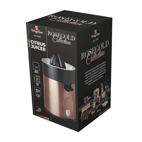 Product image of Juice extractor. Part of the Metallic Line Rose Gold Edition . Features: • Citrus juicer • Material: stainless steel • 85W • Juice cup 300 ml • 2 pcs squeezer attachments • Length of power cord: 80 cm • Color: rose gold. (Studio view). Official Berlinger Haus product, boosted by Promintra sl.