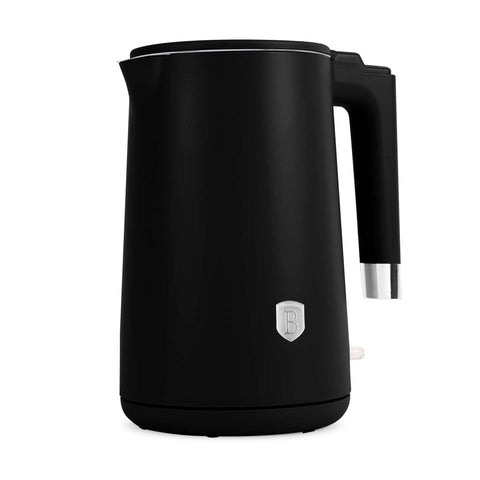Product image of Double wall kettle. Part of the Black Vantage Collection/Matte Black Collection/Black Silver Collection . Features: • Material: 18/10 stainless steel inside, plastic outside • Capacity: 1,7L • Voltage: 220-240V,50/60Hz • Power: 1800 W • Color: matt black. (Studio view). Official Berlinger Haus product, boosted by Promintra sl.