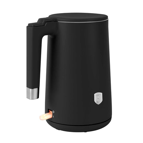 Product image of Double wall kettle. Part of the Black Vantage Collection/Matte Black Collection/Black Silver Collection . Features: • Material: 18/10 stainless steel inside, plastic outside • Capacity: 1,7L • Voltage: 220-240V,50/60Hz • Power: 1800 W • Color: matt black. (Studio view). Official Berlinger Haus product, boosted by Promintra sl.
