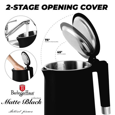 Product image of Double wall kettle. Part of the Black Vantage Collection/Matte Black Collection/Black Silver Collection . Features: • Material: 18/10 stainless steel inside, plastic outside • Capacity: 1,7L • Voltage: 220-240V,50/60Hz • Power: 1800 W • Color: matt black. (Studio view). Official Berlinger Haus product, boosted by Promintra sl.
