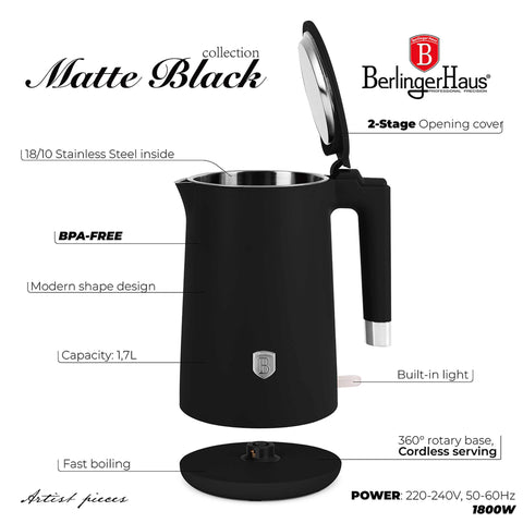 Product image of Double wall kettle. Part of the Black Vantage Collection/Matte Black Collection/Black Silver Collection . Features: • Material: 18/10 stainless steel inside, plastic outside • Capacity: 1,7L • Voltage: 220-240V,50/60Hz • Power: 1800 W • Color: matt black. (Studio view). Official Berlinger Haus product, boosted by Promintra sl.