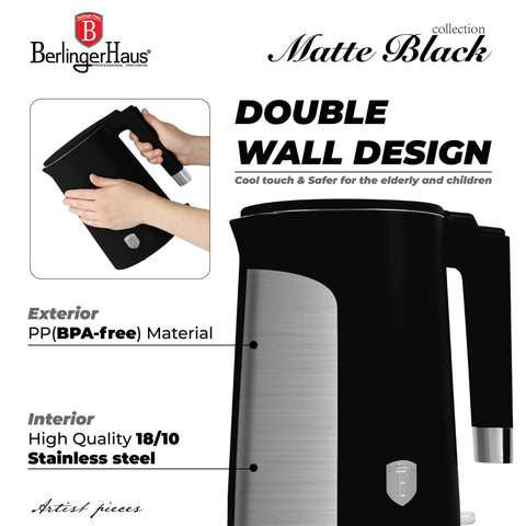 Product image of Double wall kettle. Part of the Black Vantage Collection/Matte Black Collection/Black Silver Collection . Features: • Material: 18/10 stainless steel inside, plastic outside • Capacity: 1,7L • Voltage: 220-240V,50/60Hz • Power: 1800 W • Color: matt black. (Studio view). Official Berlinger Haus product, boosted by Promintra sl.