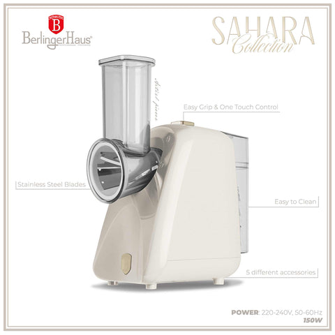 Product image of Electric salad maker. Part of the Sahara Collection . Features: • Material: stainless steel and plastic • 220-240V,50/60Hz, 150 W • Includes 5 types accessories for ripple cuts and thick slices • Length of power.... (Studio view). Official Berlinger Haus product, boosted by Promintra sl.