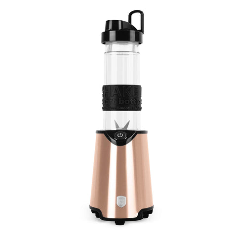 Product image of Smoothie maker. Part of the Metallic Line Rose Gold Edition . Features: • Material: stainless steel, plastic • Power: 300 W • 220-240 V 50/60 Hz • Takeaway jar with lid: 570 ml • Color: rose gold. (Studio view). Official Berlinger Haus product, boosted by Promintra sl.