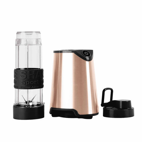 Imatge del producte de la màquina de batuts. Forma part de la Metallic Line Rose Gold Edition. Característiques: • Material: acer inoxidable, plàstic • Potència: 300 W • 220-240 V 50/60 Hz • Pot per emportar amb tapa: 570 ml • Color: or rosa. (Vista d'estudi). Producte oficial de Berlinger, impulsat per Promintra sl.