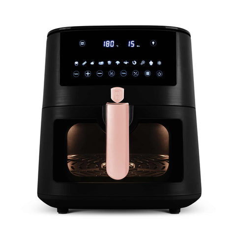 Product image of Air fryer 8L visible window. Part of the Black Rose Collection . Features: • Power: 220-240V ~ 50/60Hz 1650W • Temperature control: 40-200℃ • XXXL SIZE: Food basket with non-stick coating 8L • DIGITAL • Size: 38,8*30*32,4 .... (Studio view). Official Berlinger Haus product, boosted by Promintra sl.