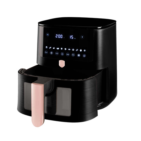 Imatge del producte de la fregidora d'aire de 8L amb finestra visible. Part de la col·lecció Black Rose. Característiques: • Potència: 220-240V ~ 50/60Hz 1650W • Control de temperatura: 40-200℃ • MIDA XXXL: Cistella per a aliments amb recobriment antiadherent de 8L • DIGITAL • Mida: 38,8*30*32,4 .... (Vista d'estudi) Producte oficial de Berlinger, impulsat per Promintra sl.