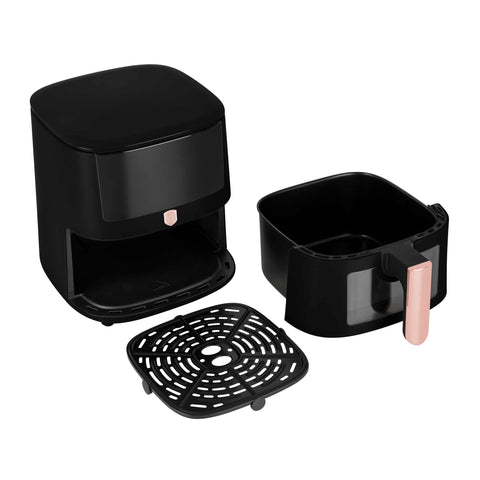 Imatge del producte de la fregidora d'aire de 8L amb finestra visible. Part de la col·lecció Black Rose. Característiques: • Potència: 220-240V ~ 50/60Hz 1650W • Control de temperatura: 40-200℃ • MIDA XXXL: Cistella per a aliments amb recobriment antiadherent de 8L • DIGITAL • Mida: 38,8*30*32,4 .... (Vista d'estudi) Producte oficial de Berlinger, impulsat per Promintra sl.