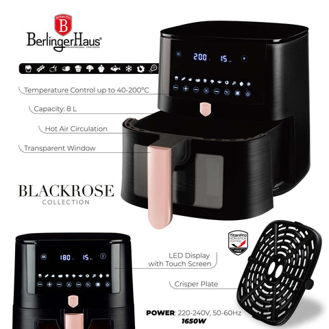 Imatge del producte de la fregidora d'aire de 8L amb finestra visible. Part de la col·lecció Black Rose. Característiques: • Potència: 220-240V ~ 50/60Hz 1650W • Control de temperatura: 40-200℃ • MIDA XXXL: Cistella per a aliments amb recobriment antiadherent de 8L • DIGITAL • Mida: 38,8*30*32,4 .... (Vista d'estudi) Producte oficial de Berlinger, impulsat per Promintra sl.