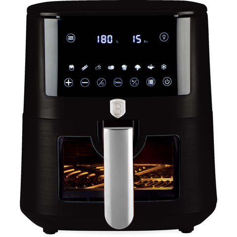 Product image of Air fryer 8L visible window. Part of the Black Vantage Collection/Matte Black Collection/Black Silver Collection/Eternal Collection . Features: • Power: 220-240V ~ 50/60Hz 1650W • Temperature control: 40-200℃ • XXXL SIZE: Food basket with non-stick coating 8L • DIGITAL • Size: 38,8*30*32,4 .... (Studio view). Official Berlinger Haus product, boosted by Promintra sl.