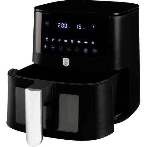 Product image of Air fryer 8L visible window. Part of the Black Vantage Collection/Matte Black Collection/Black Silver Collection/Eternal Collection . Features: • Power: 220-240V ~ 50/60Hz 1650W • Temperature control: 40-200℃ • XXXL SIZE: Food basket with non-stick coating 8L • DIGITAL • Size: 38,8*30*32,4 .... (Studio view). Official Berlinger Haus product, boosted by Promintra sl.