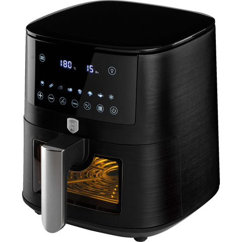 Product image of Air fryer 8L visible window. Part of the Black Vantage Collection/Matte Black Collection/Black Silver Collection/Eternal Collection . Features: • Power: 220-240V ~ 50/60Hz 1650W • Temperature control: 40-200℃ • XXXL SIZE: Food basket with non-stick coating 8L • DIGITAL • Size: 38,8*30*32,4 .... (Studio view). Official Berlinger Haus product, boosted by Promintra sl.