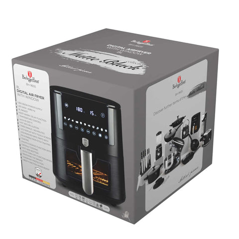 Product image of Air fryer 8L visible window. Part of the Black Vantage Collection/Matte Black Collection/Black Silver Collection/Eternal Collection . Features: • Power: 220-240V ~ 50/60Hz 1650W • Temperature control: 40-200℃ • XXXL SIZE: Food basket with non-stick coating 8L • DIGITAL • Size: 38,8*30*32,4 .... (Studio view). Official Berlinger Haus product, boosted by Promintra sl.