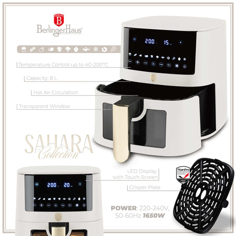 Product image of Air fryer 8L visible window. Part of the Sahara Collection . Features: • Power: 220-240V ~ 50/60Hz 1650W • Temperature control: 40-200℃ • XXXL SIZE: Food basket with non-stick coating 8L • DIGITAL • Size: 38,8*30*32,4 .... (Studio view). Official Berlinger Haus product, boosted by Promintra sl.