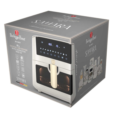 Product image of Air fryer 8L visible window. Part of the Sahara Collection . Features: • Power: 220-240V ~ 50/60Hz 1650W • Temperature control: 40-200℃ • XXXL SIZE: Food basket with non-stick coating 8L • DIGITAL • Size: 38,8*30*32,4 .... (Studio view). Official Berlinger Haus product, boosted by Promintra sl.