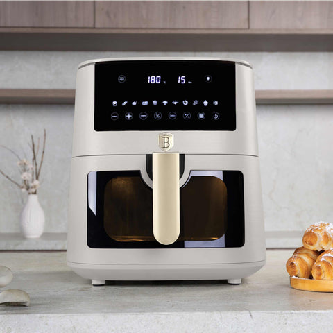 Product image of Air fryer 8L visible window. Part of the Sahara Collection . Features: • Power: 220-240V ~ 50/60Hz 1650W • Temperature control: 40-200℃ • XXXL SIZE: Food basket with non-stick coating 8L • DIGITAL • Size: 38,8*30*32,4 .... (Studio view). Official Berlinger Haus product, boosted by Promintra sl.