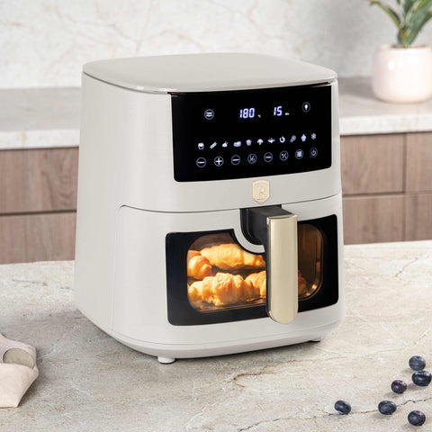 Product image of Air fryer 8L visible window. Part of the Sahara Collection . Features: • Power: 220-240V ~ 50/60Hz 1650W • Temperature control: 40-200℃ • XXXL SIZE: Food basket with non-stick coating 8L • DIGITAL • Size: 38,8*30*32,4 .... (Studio view). Official Berlinger Haus product, boosted by Promintra sl.