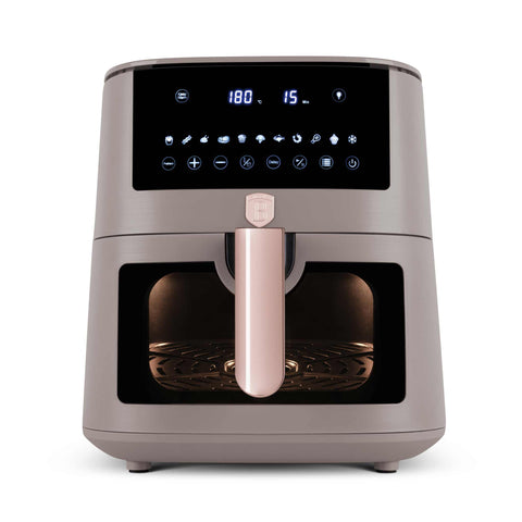 Product image of Air fryer 8L visible window. Part of the Taupe Collection . Features: • Power: 220-240V ~ 50/60Hz 1650W • Temperature control: 40-200℃ • XXXL SIZE: Food basket with non-stick coating 8L • DIGITAL • Size: 38,8*30*32,4 .... (Studio view). Official Berlinger Haus product, boosted by Promintra sl.
