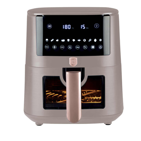 Product image of Air fryer 8L visible window. Part of the Taupe Collection . Features: • Power: 220-240V ~ 50/60Hz 1650W • Temperature control: 40-200℃ • XXXL SIZE: Food basket with non-stick coating 8L • DIGITAL • Size: 38,8*30*32,4 .... (Studio view). Official Berlinger Haus product, boosted by Promintra sl.