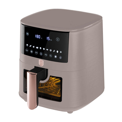 Product image of Air fryer 8L visible window. Part of the Taupe Collection . Features: • Power: 220-240V ~ 50/60Hz 1650W • Temperature control: 40-200℃ • XXXL SIZE: Food basket with non-stick coating 8L • DIGITAL • Size: 38,8*30*32,4 .... (Studio view). Official Berlinger Haus product, boosted by Promintra sl.