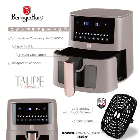 Product image of Air fryer 8L visible window. Part of the Taupe Collection . Features: • Power: 220-240V ~ 50/60Hz 1650W • Temperature control: 40-200℃ • XXXL SIZE: Food basket with non-stick coating 8L • DIGITAL • Size: 38,8*30*32,4 .... (Studio view). Official Berlinger Haus product, boosted by Promintra sl.