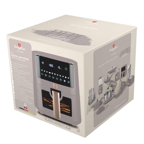 Product image of Air fryer 8L visible window. Part of the Taupe Collection . Features: • Power: 220-240V ~ 50/60Hz 1650W • Temperature control: 40-200℃ • XXXL SIZE: Food basket with non-stick coating 8L • DIGITAL • Size: 38,8*30*32,4 .... (Studio view). Official Berlinger Haus product, boosted by Promintra sl.