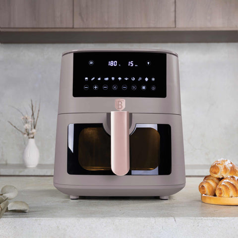 Product image of Air fryer 8L visible window. Part of the Taupe Collection . Features: • Power: 220-240V ~ 50/60Hz 1650W • Temperature control: 40-200℃ • XXXL SIZE: Food basket with non-stick coating 8L • DIGITAL • Size: 38,8*30*32,4 .... (Studio view). Official Berlinger Haus product, boosted by Promintra sl.