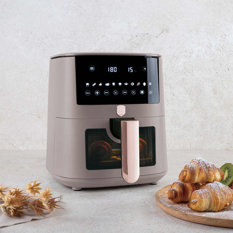 Product image of Air fryer 8L visible window. Part of the Taupe Collection . Features: • Power: 220-240V ~ 50/60Hz 1650W • Temperature control: 40-200℃ • XXXL SIZE: Food basket with non-stick coating 8L • DIGITAL • Size: 38,8*30*32,4 .... (Studio view). Official Berlinger Haus product, boosted by Promintra sl.