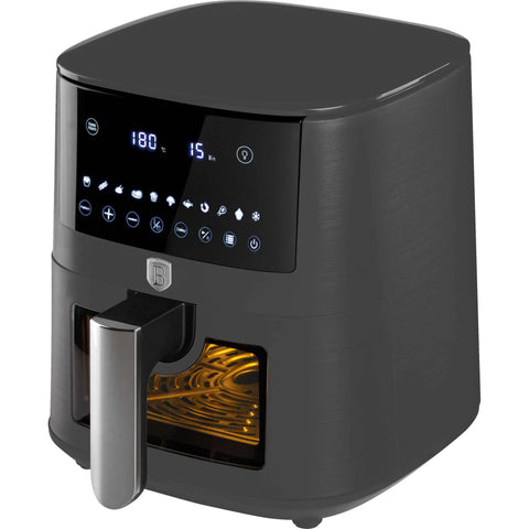 Product image of Air fryer 8L visible window. Part of the Anthracite Collection . Features: • Power: 220-240V ~ 50/60Hz 1650W • Temperature control: 40-200℃ • XXXL SIZE: Food basket with non-stick coating 8L • DIGITAL • Size: 38,8*30*32,4 .... (Studio view). Official Berlinger Haus product, boosted by Promintra sl.
