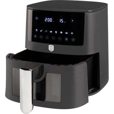 Product image of Air fryer 8L visible window. Part of the Anthracite Collection . Features: • Power: 220-240V ~ 50/60Hz 1650W • Temperature control: 40-200℃ • XXXL SIZE: Food basket with non-stick coating 8L • DIGITAL • Size: 38,8*30*32,4 .... (Studio view). Official Berlinger Haus product, boosted by Promintra sl.
