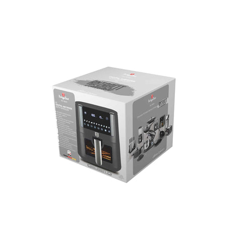 Product image of Air fryer 8L visible window. Part of the Anthracite Collection . Features: • Power: 220-240V ~ 50/60Hz 1650W • Temperature control: 40-200℃ • XXXL SIZE: Food basket with non-stick coating 8L • DIGITAL • Size: 38,8*30*32,4 .... (Studio view). Official Berlinger Haus product, boosted by Promintra sl.