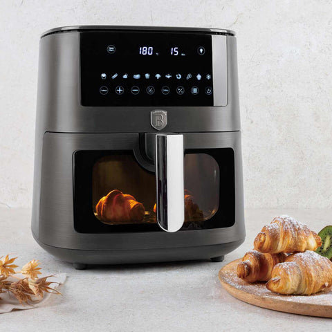 Product image of Air fryer 8L visible window. Part of the Anthracite Collection . Features: • Power: 220-240V ~ 50/60Hz 1650W • Temperature control: 40-200℃ • XXXL SIZE: Food basket with non-stick coating 8L • DIGITAL • Size: 38,8*30*32,4 .... (Studio view). Official Berlinger Haus product, boosted by Promintra sl.