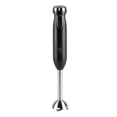 Product image of Hand blender. Part of the Black Rose Collection . Features: • Material: stainless steel, plastic • Voltage: 220-240V 50-60Hz • Power: 800W • Color: black- rose gold. (Studio view). Official Berlinger Haus product, boosted by Promintra sl.