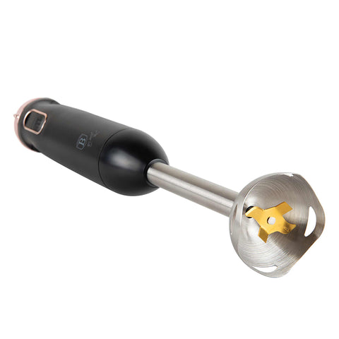 Product image of Hand blender. Part of the Black Rose Collection . Features: • Material: stainless steel, plastic • Voltage: 220-240V 50-60Hz • Power: 800W • Color: black- rose gold. (Studio view). Official Berlinger Haus product, boosted by Promintra sl.