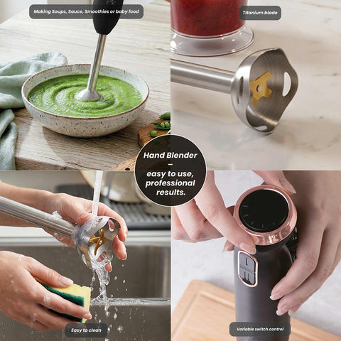 Product image of Hand blender. Part of the Black Rose Collection . Features: • Material: stainless steel, plastic • Voltage: 220-240V 50-60Hz • Power: 800W • Color: black- rose gold. (Studio view). Official Berlinger Haus product, boosted by Promintra sl.