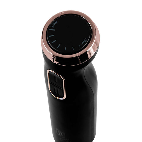 Product image of Hand blender. Part of the Black Rose Collection . Features: • Material: stainless steel, plastic • Voltage: 220-240V 50-60Hz • Power: 800W • Color: black- rose gold. (Studio view). Official Berlinger Haus product, boosted by Promintra sl.