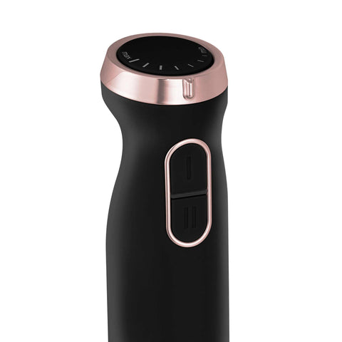Product image of Hand blender. Part of the Black Rose Collection . Features: • Material: stainless steel, plastic • Voltage: 220-240V 50-60Hz • Power: 800W • Color: black- rose gold. (Studio view). Official Berlinger Haus product, boosted by Promintra sl.
