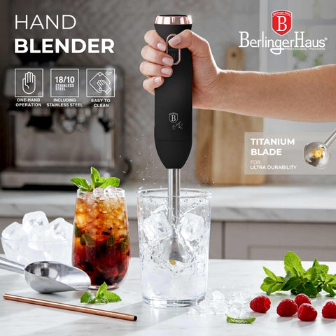 Product image of Hand blender. Part of the Black Rose Collection . Features: • Material: stainless steel, plastic • Voltage: 220-240V 50-60Hz • Power: 800W • Color: black- rose gold. (Studio view). Official Berlinger Haus product, boosted by Promintra sl.