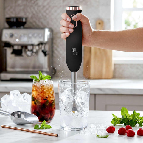Product image of Hand blender. Part of the Black Rose Collection . Features: • Material: stainless steel, plastic • Voltage: 220-240V 50-60Hz • Power: 800W • Color: black- rose gold. (Studio view). Official Berlinger Haus product, boosted by Promintra sl.