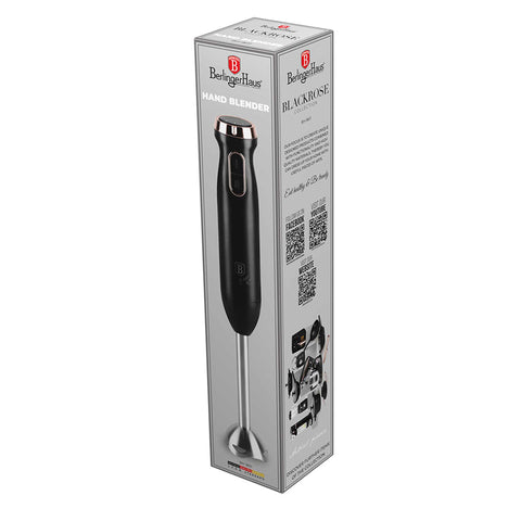 Product image of Hand blender. Part of the Black Rose Collection . Features: • Material: stainless steel, plastic • Voltage: 220-240V 50-60Hz • Power: 800W • Color: black- rose gold. (Studio view). Official Berlinger Haus product, boosted by Promintra sl.