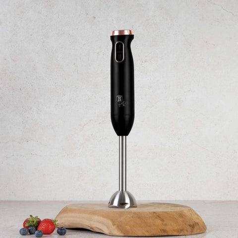 Product image of Hand blender. Part of the Black Rose Collection . Features: • Material: stainless steel, plastic • Voltage: 220-240V 50-60Hz • Power: 800W • Color: black- rose gold. (Studio view). Official Berlinger Haus product, boosted by Promintra sl.