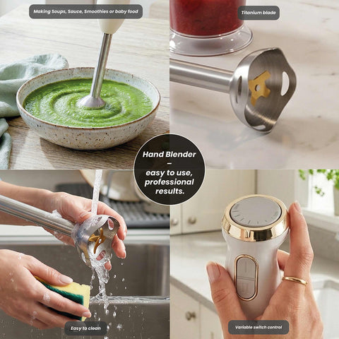 Product image of Hand blender. Part of the Sahara Collection . Features: • Material: stainless steel, plastic • Voltage: 220-240V 50-60Hz • Power: 800W • Color: matt cream. (Studio view). Official Berlinger Haus product, boosted by Promintra sl.