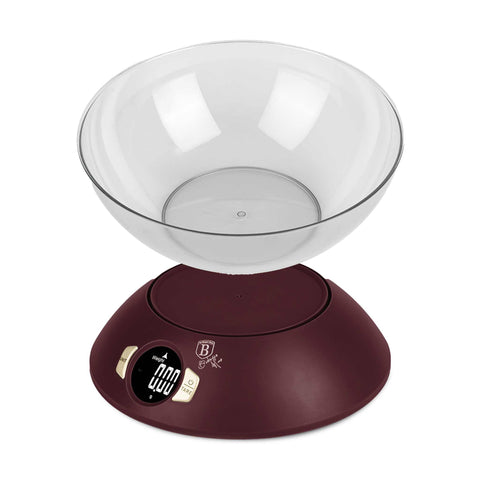 Product image of Kitchen scale with bowl. Part of the Leonardo Collection . Features: • Material: plastic • LCD display • Capacity: 5 kg • AAA battery included • Accessories: • Measuring cup: 25 ml • Egg separator • Color: matt bordeaux. (Studio view). Official Berlinger Haus product, boosted by Promintra sl.