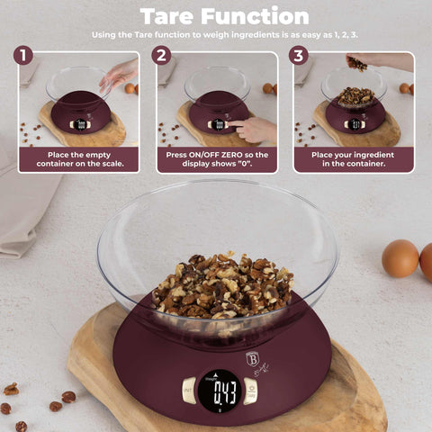 Product image of Kitchen scale with bowl. Part of the Leonardo Collection . Features: • Material: plastic • LCD display • Capacity: 5 kg • AAA battery included • Accessories: • Measuring cup: 25 ml • Egg separator • Color: matt bordeaux. (Studio view). Official Berlinger Haus product, boosted by Promintra sl.