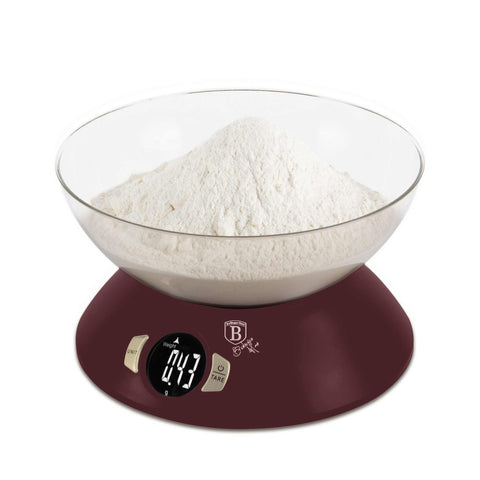 Product image of Kitchen scale with bowl. Part of the Leonardo Collection . Features: • Material: plastic • LCD display • Capacity: 5 kg • AAA battery included • Accessories: • Measuring cup: 25 ml • Egg separator • Color: matt bordeaux. (Studio view). Official Berlinger Haus product, boosted by Promintra sl.