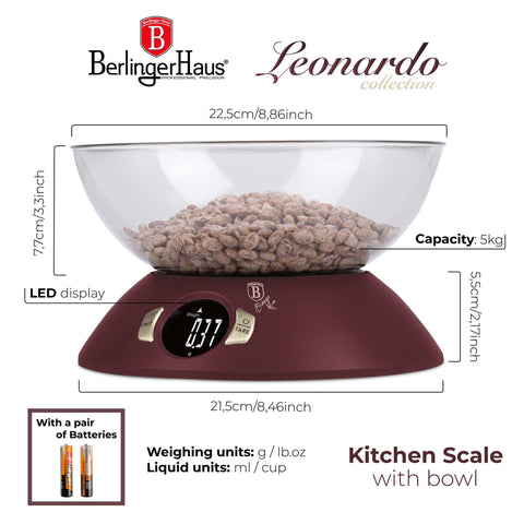 Product image of Kitchen scale with bowl. Part of the Leonardo Collection . Features: • Material: plastic • LCD display • Capacity: 5 kg • AAA battery included • Accessories: • Measuring cup: 25 ml • Egg separator • Color: matt bordeaux. (Studio view). Official Berlinger Haus product, boosted by Promintra sl.