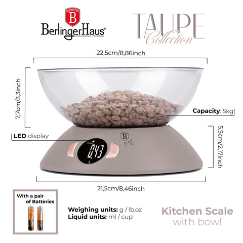 Product image of Kitchen scale with bowl. Part of the Taupe Collection . Features: • Material: plastic • LCD display • Capacity: 5 kg • AAA battery included • Color: matt taupe. (Conceptual view). Official Berlinger Haus product, boosted by Promintra sl.