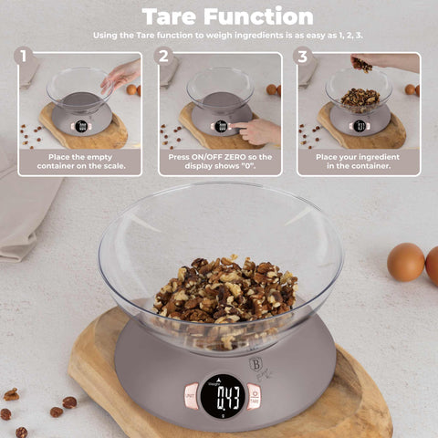Product image of Kitchen scale with bowl. Part of the Taupe Collection . Features: • Material: plastic • LCD display • Capacity: 5 kg • AAA battery included • Accessories: • Measuring cup: 25 ml • Egg separator • Color: matt taupe. (Conceptual view). Official Berlinger Haus product, boosted by Promintra sl.