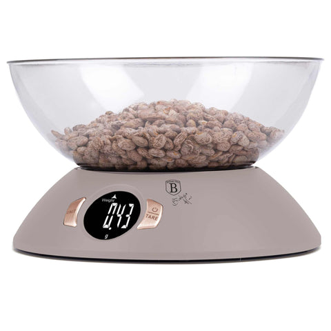 Product image of Kitchen scale with bowl. Part of the Taupe Collection . Features: • Material: plastic • LCD display • Capacity: 5 kg • AAA battery included • Accessories: • Measuring cup: 25 ml • Egg separator • Color: matt taupe. (Conceptual view). Official Berlinger Haus product, boosted by Promintra sl.