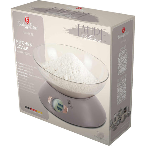 Product image of Kitchen scale with bowl. Part of the Taupe Collection . Features: • Material: plastic • LCD display • Capacity: 5 kg • AAA battery included • Color: matt taupe. (Conceptual view). Official Berlinger Haus product, boosted by Promintra sl.